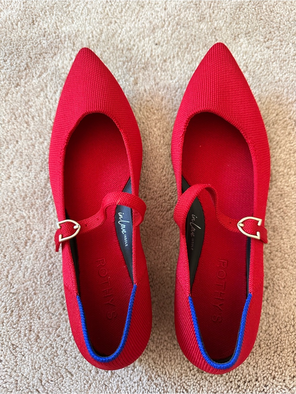 Rothy's Red Pointed Mary Jane Flats with Gold Buckle